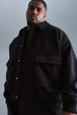 Online boohooMAN Plus Boxy Wool Look Harrington Jacket in black
