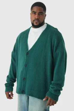 Fashion boohooMAN Plus Brushed Contrast Trim Boxy Cardigan green