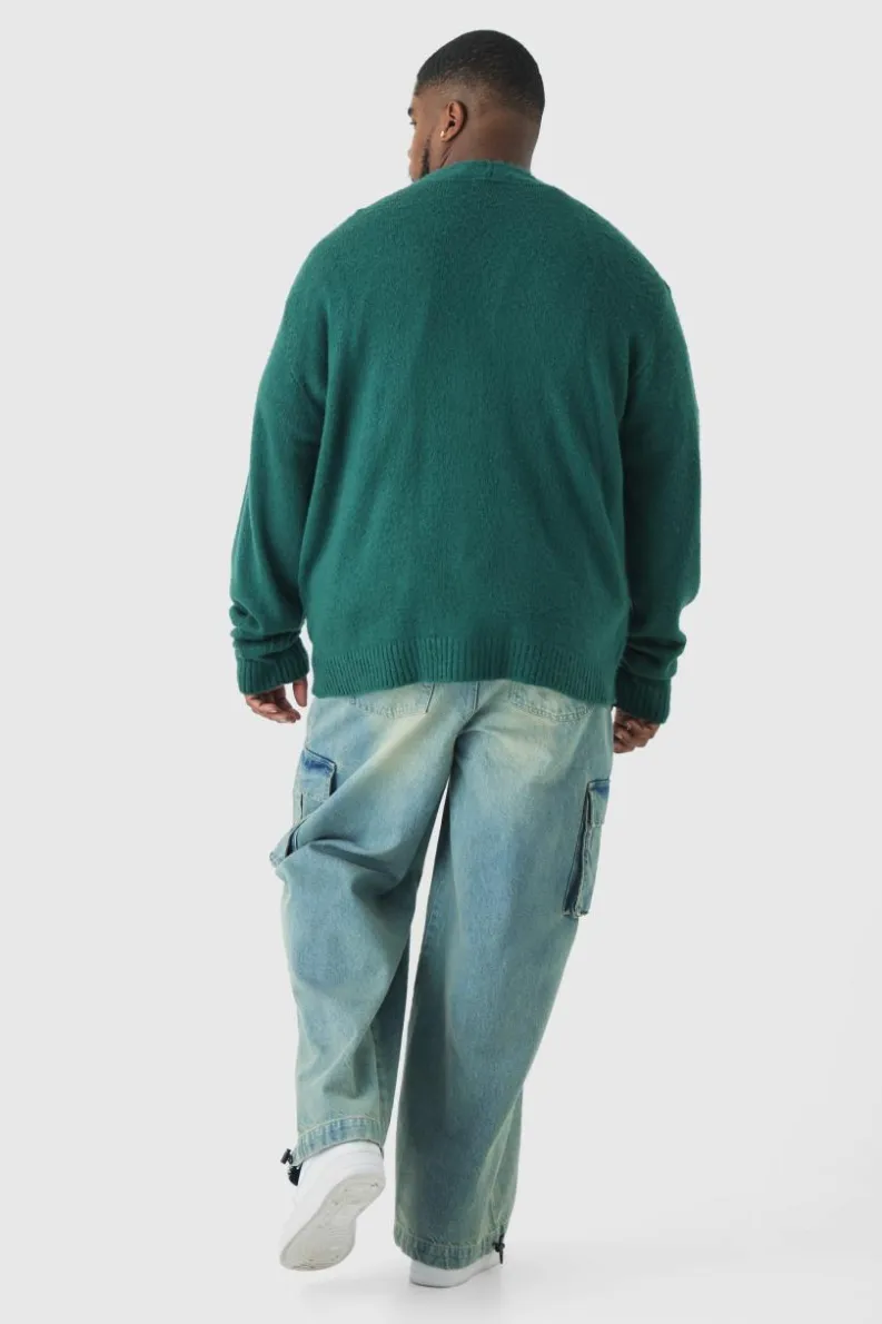 Fashion boohooMAN Plus Brushed Contrast Trim Boxy Cardigan green