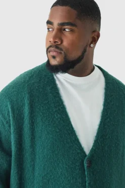 Fashion boohooMAN Plus Brushed Contrast Trim Boxy Cardigan green