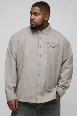 Shop boohooMAN Plus Brushed Herringbone Pocket Detail Overshirt stone