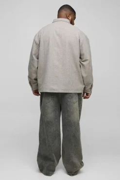 Shop boohooMAN Plus Brushed Herringbone Pocket Detail Overshirt stone