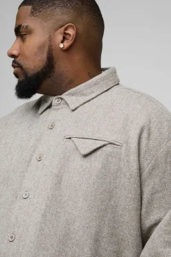 Shop boohooMAN Plus Brushed Herringbone Pocket Detail Overshirt stone