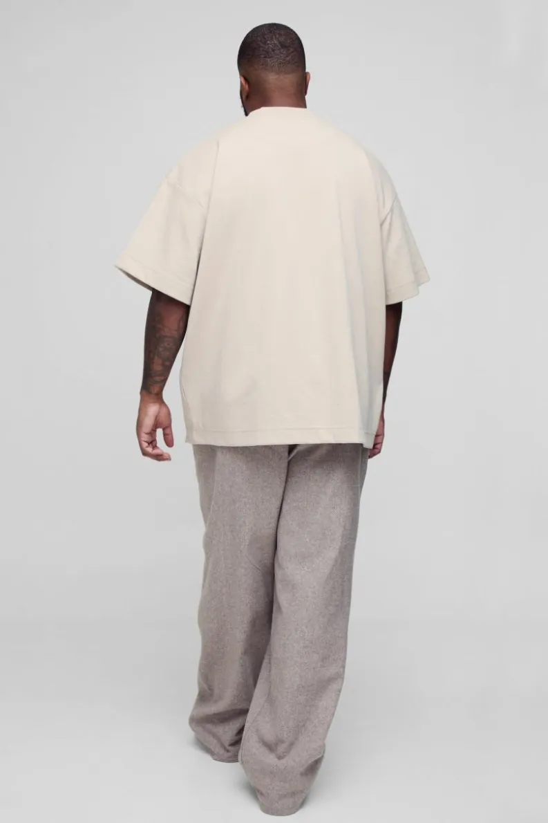 Clearance boohooMAN Plus Brushed Herringbone Relaxed Fit Trousers stone