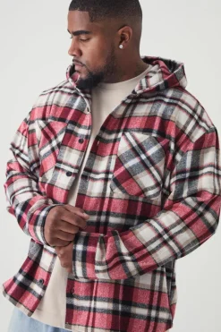 Cheap boohooMAN Plus Brushed Hooded Checked Overshirt red