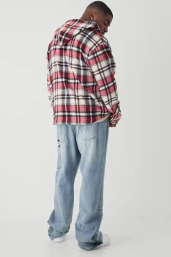 Cheap boohooMAN Plus Brushed Hooded Checked Overshirt red