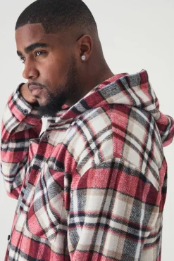 Cheap boohooMAN Plus Brushed Hooded Checked Overshirt red