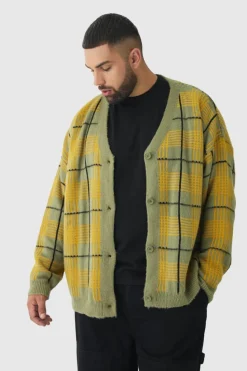 Discount boohooMAN Plus Brushed Knit Check Drop Shoulder Cardigan olive