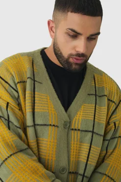 Discount boohooMAN Plus Brushed Knit Check Drop Shoulder Cardigan olive