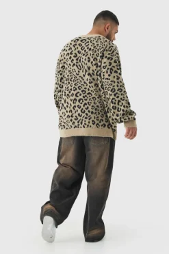 Sale boohooMAN Plus Brushed Knit Leopard Print Oversized Cardigan taupe