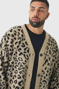 Sale boohooMAN Plus Brushed Knit Leopard Print Oversized Cardigan taupe
