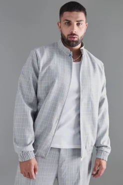 Outlet boohooMAN Plus Check High Neck Zip Up Smart Bomber Jacket grey