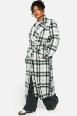 Shop boohoo Plus Check Oversized Wool Look Coat black