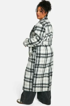 Shop boohoo Plus Check Oversized Wool Look Coat black