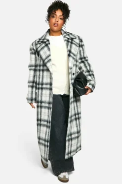Shop boohoo Plus Check Oversized Wool Look Coat black