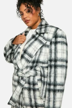Shop boohoo Plus Check Oversized Wool Look Coat black