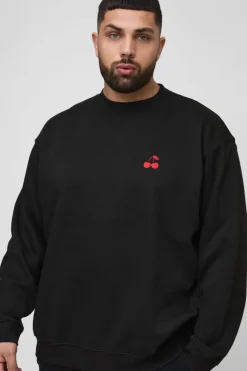Discount boohooMAN Plus Cherry Extended Neck Embroidered Sweat black