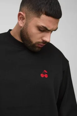 Discount boohooMAN Plus Cherry Extended Neck Embroidered Sweat black