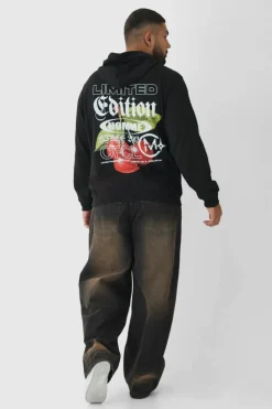 New boohooMAN Plus Cherry Graphic Back Print Oversized Hoodie black