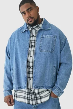 Best Sale boohooMAN Plus Classic Denim Harrington Jacket light wash