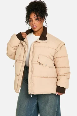 Best Sale boohoo Plus Contrast Collar Oversized Puffer Jacket stone