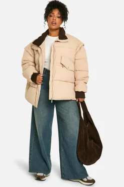 Best Sale boohoo Plus Contrast Collar Oversized Puffer Jacket stone