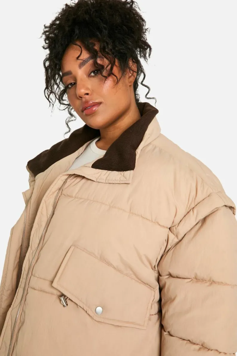 Best Sale boohoo Plus Contrast Collar Oversized Puffer Jacket stone