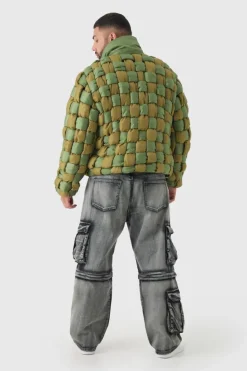 Clearance boohooMAN Plus Contrast Hand Weft Padded Puffer Jacket In khaki
