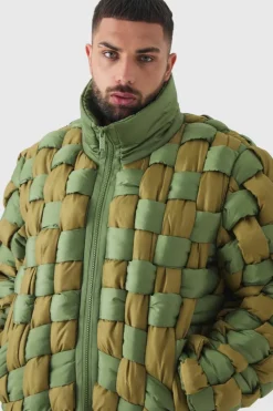 Clearance boohooMAN Plus Contrast Hand Weft Padded Puffer Jacket In khaki