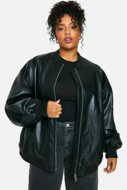 Clearance boohoo Plus Cracked Faux Leather Oversized Bomber Jacket black