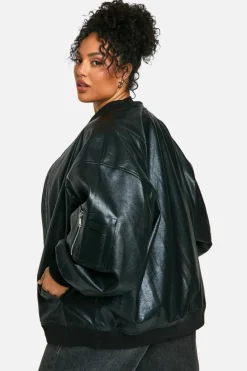 Clearance boohoo Plus Cracked Faux Leather Oversized Bomber Jacket black