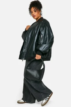 Clearance boohoo Plus Cracked Faux Leather Oversized Bomber Jacket black