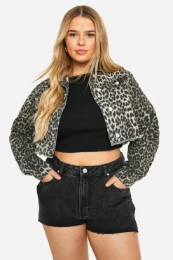 Online boohoo Plus Cropped Oversized Denim Jacket leopard