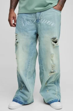 Best boohooMAN Plus Crotch Embroidered Distressed Gusset Flared Jeans antique wash