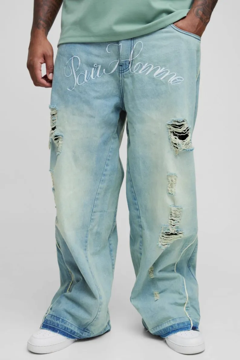 Best boohooMAN Plus Crotch Embroidered Distressed Gusset Flared Jeans antique wash