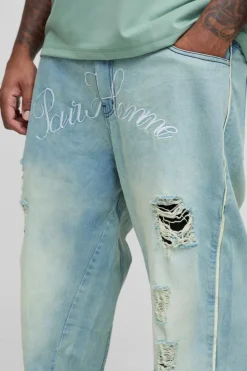 Best boohooMAN Plus Crotch Embroidered Distressed Gusset Flared Jeans antique wash