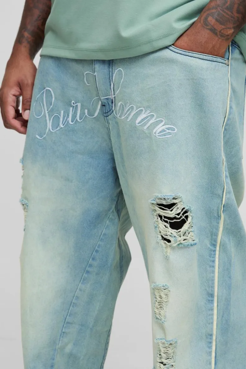Best boohooMAN Plus Crotch Embroidered Distressed Gusset Flared Jeans antique wash
