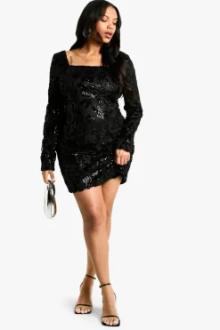 Flash Sale boohoo Plus Demask Square Neck Bodycon Dress black