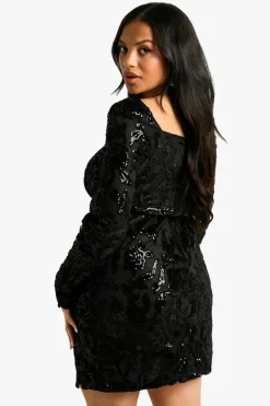 Flash Sale boohoo Plus Demask Square Neck Bodycon Dress black