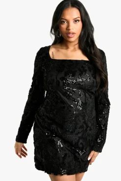 Flash Sale boohoo Plus Demask Square Neck Bodycon Dress black