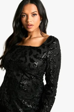 Flash Sale boohoo Plus Demask Square Neck Bodycon Dress black