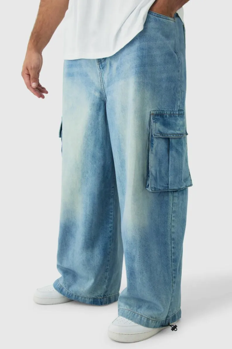 Cheap boohooMAN Plus Denim Cargo Parachute Jeans antique blue