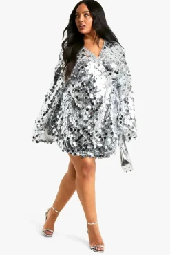 Cheap boohoo Plus Disc Sequin Wrap Flare Sleeve Dress silver