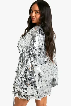 Cheap boohoo Plus Disc Sequin Wrap Flare Sleeve Dress silver