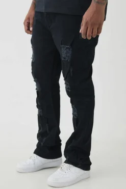 Hot boohooMAN Plus Distressed Multi Ripped Skinny Flared Jeans true black