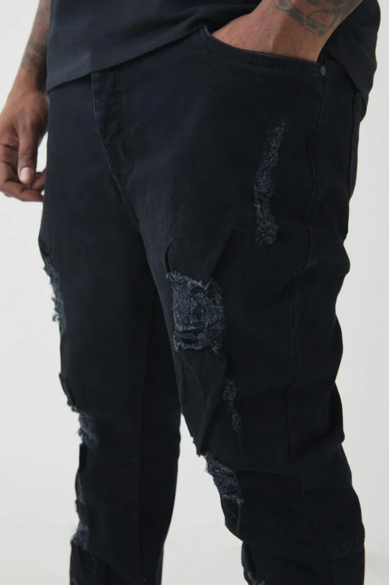 Hot boohooMAN Plus Distressed Multi Ripped Skinny Flared Jeans true black