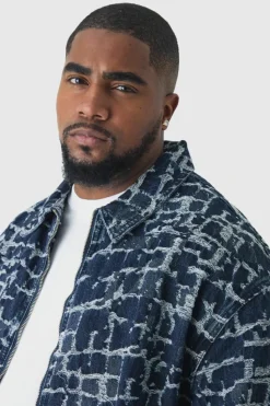 Store boohooMAN Plus Distressed Tapestry Denim Harrington Jacket indigo
