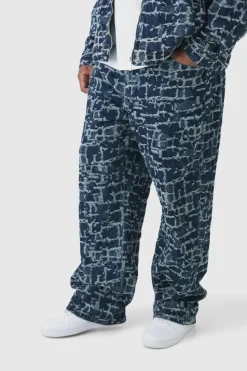 Shop boohooMAN Plus Distressed Tapestry Relaxed Fit Denim Jeans indigo