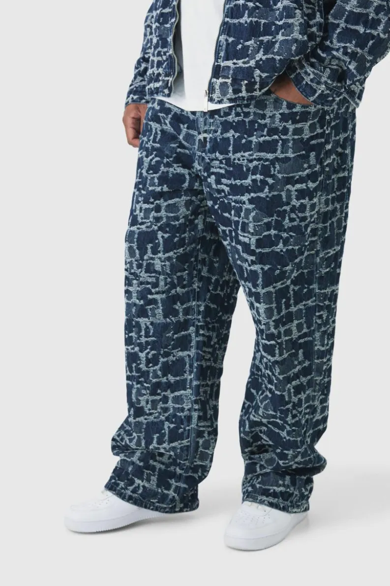 Shop boohooMAN Plus Distressed Tapestry Relaxed Fit Denim Jeans indigo