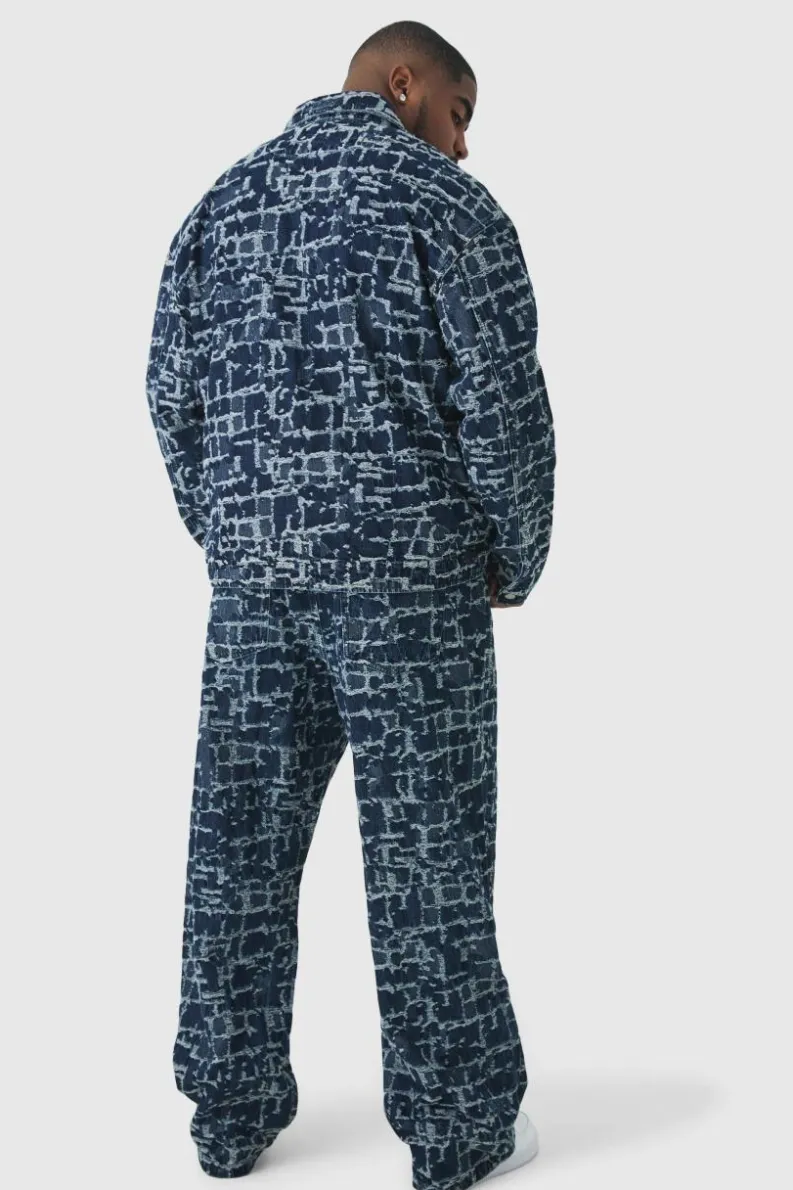 Shop boohooMAN Plus Distressed Tapestry Relaxed Fit Denim Jeans indigo